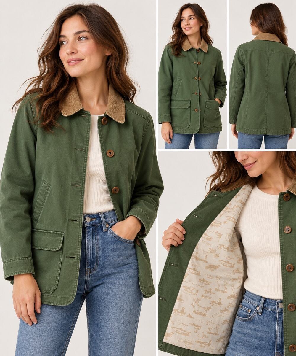 L.L.Bean Women’s Chore Jacket Olive Green Small Relaxed Fit Corduroy Collar Work